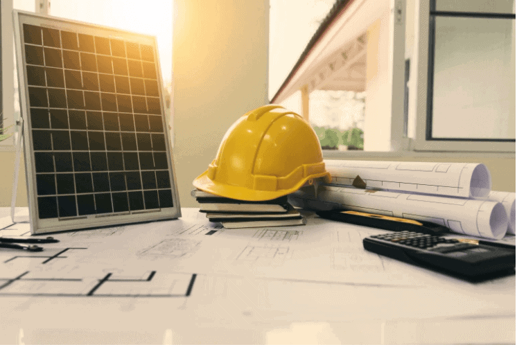 Image of a solar panel and worker hard hat.